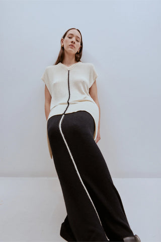 brook knit vest, harris tapper, midi skirt, knit midi skirt, evening skirt