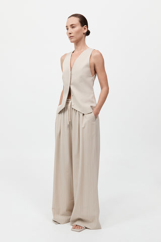 Pinstripe Wool Drawstring Pants, st agni, tailored pant, pinstripe pant, beige drawstring pant, loose fitting beige pant, oversized tailored pant, vest set