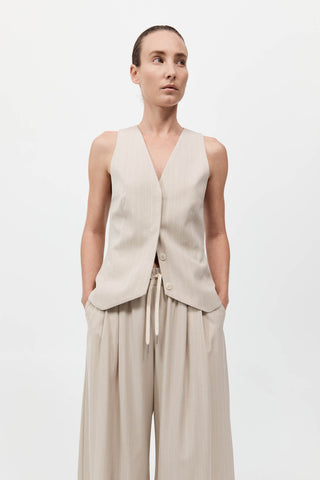 Pinstripe Wool Drawstring Pants, st agni, tailored pant, pinstripe pant, beige drawstring pant, loose fitting beige pant, oversized tailored pant, vest set