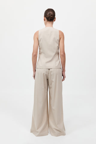 Pinstripe Wool Drawstring Pants, st agni, tailored pant, pinstripe pant, beige drawstring pant, loose fitting beige pant, oversized tailored pant, vest set