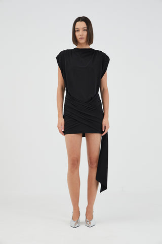 AURA DRAPED MINI DRESS, BLACK