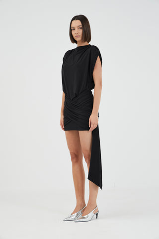 AURA DRAPED MINI DRESS, BLACK