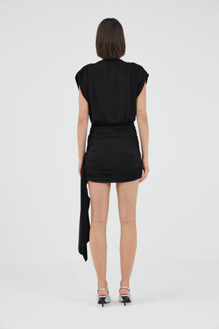 AURA DRAPED MINI DRESS, BLACK