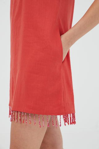 FLAME LINEN MINI DRESS, GRENADINE