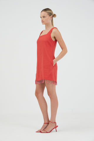 FLAME LINEN MINI DRESS, GRENADINE