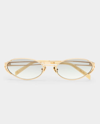 Gold oval frame sunglasses featuring slim split temples and gradient grey lenses.