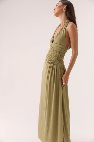 Olive halter maxi dress with ruched detailing.