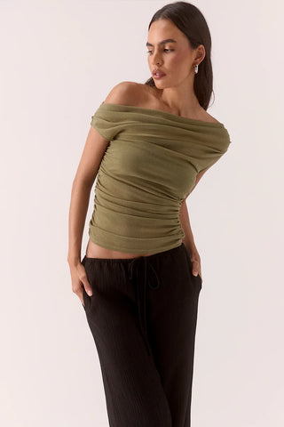 Olive off-shoulder ruched top.
