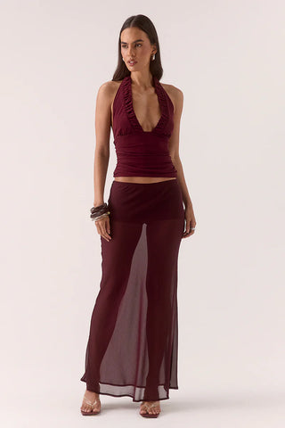 Maxi skirt with a red and cream check pattern.