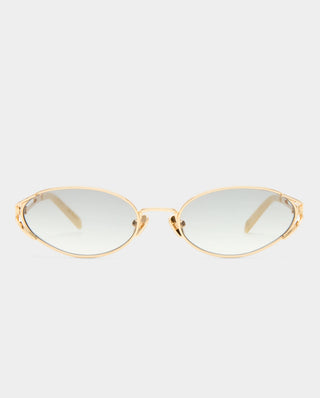 Gold oval frame sunglasses featuring slim split temples and gradient grey lenses.