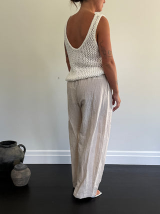 White 100% cotton open knit scoop tank  with 100% linen cotton pants with elastic waist