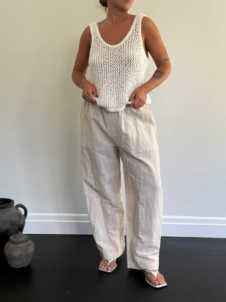 White 100% cotton open knit scoop tank  with 100% linen cotton pants with elastic waist