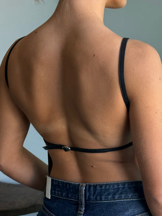 Leather Square Neck Top, Black