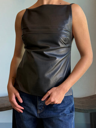 Leather Square Neck Top, Black