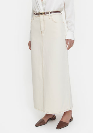 kingmaker skirt, viktoria and woods, denim skirt, long denim skirt, highwaisted skirt, white denim skirt