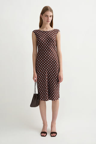 Chocolate midi dress with blue polka dots