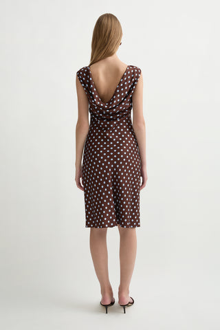 Chocolate midi dress with blue polka dots