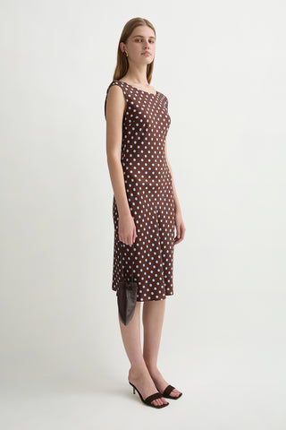 Chocolate midi dress with blue polka dots