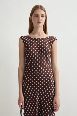 Chocolate midi dress with blue polka dots