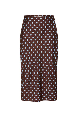 Chocolate midi skirt with blue polka dots