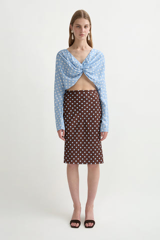 Chocolate midi skirt with blue polka dots