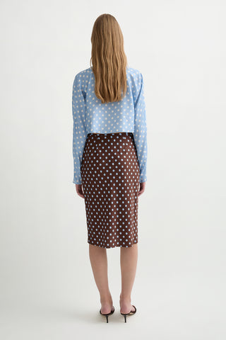 Chocolate midi skirt with blue polka dots
