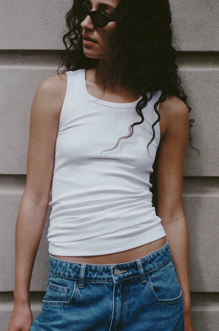 white ribbed tank top that is bra friendly