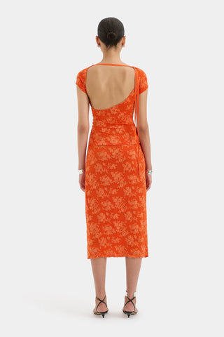 orange midi skirt with floral pattern