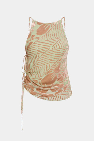 Mint and peach floral halter top with draped detailing and velvet