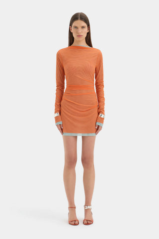 Orange mesh mini SIR dress with blue underlay