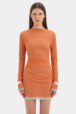 Orange mesh mini SIR dress with blue underlay