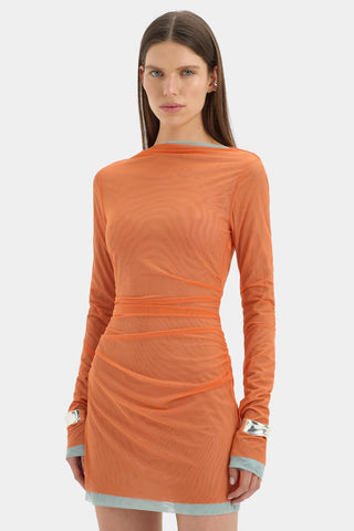 Orange mesh mini SIR dress with blue underlay