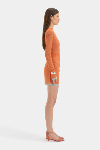 Orange mesh mini SIR dress with blue underlay