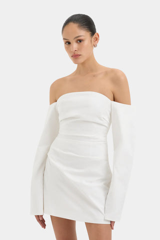 Ivory off shoulder mini dress with structured long sleeves.
