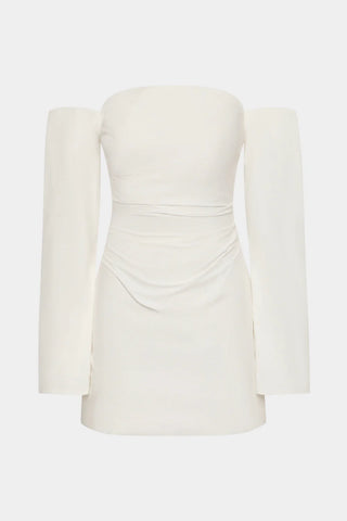 Ivory off shoulder mini dress with structured long sleeves.