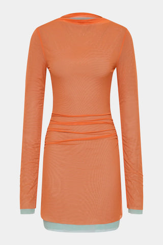 Orange mesh mini SIR dress with blue underlay