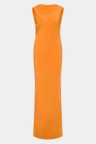 Bright orange sleeveless gown with a draped open back and floor length event dress