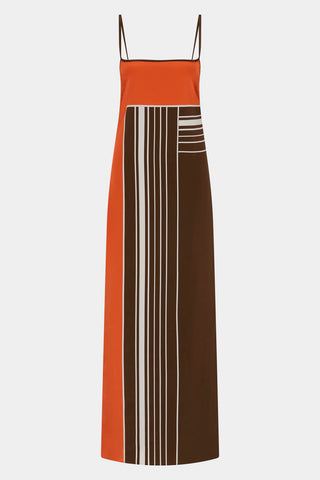 Brown and orange striped maxi slip dress with thin straps.