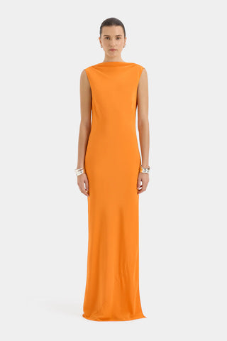 Bright orange sleeveless gown with a draped open back and floor length event dress