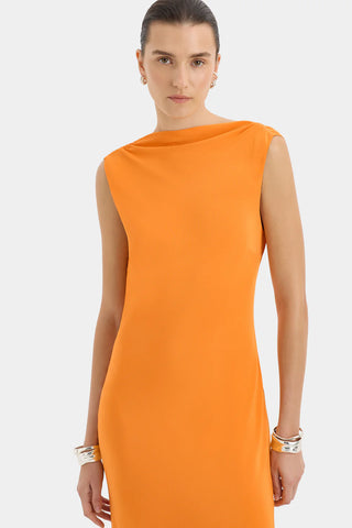 Bright orange sleeveless gown with a draped open back and floor length event dress