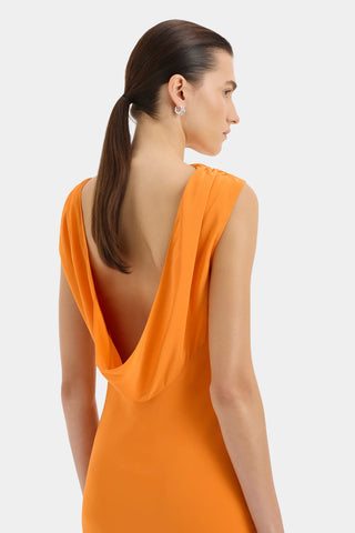 Bright orange sleeveless gown with a draped open back and floor length event dress