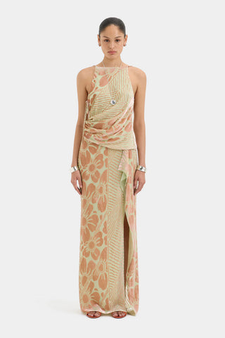 Mint and peach floral halter top with draped detailing and velvet