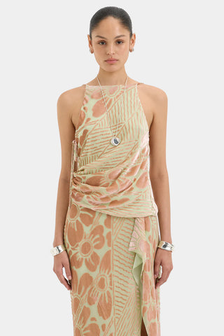 Mint and peach floral halter top with draped detailing and velvet