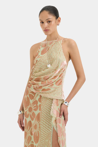 Mint and peach floral halter top with draped detailing and velvet
