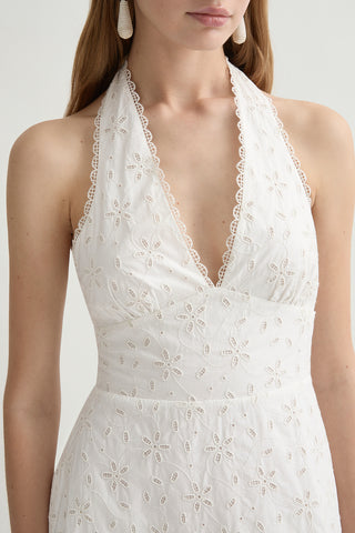 White halter midi dress with lace trim