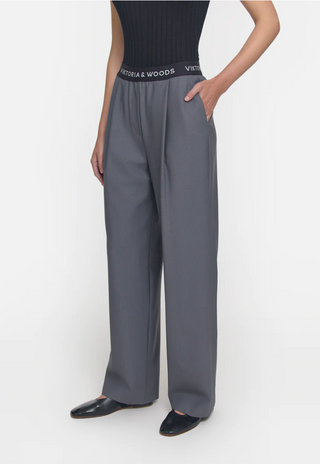 greythorne pant, viktoria and woods, grey pinstripe pants, baggy pants, elastic band pants, womens suit pinstripe pants