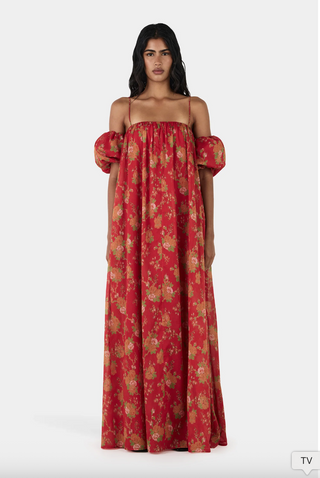 red flowy maxi dress, off the shoulder with floral detailing