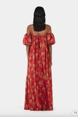 red flowy maxi dress, off the shoulder with floral detailing