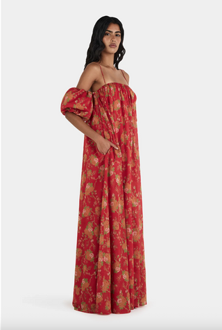 red flowy maxi dress, off the shoulder with floral detailing