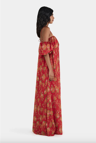 red flowy maxi dress, off the shoulder with floral detailing